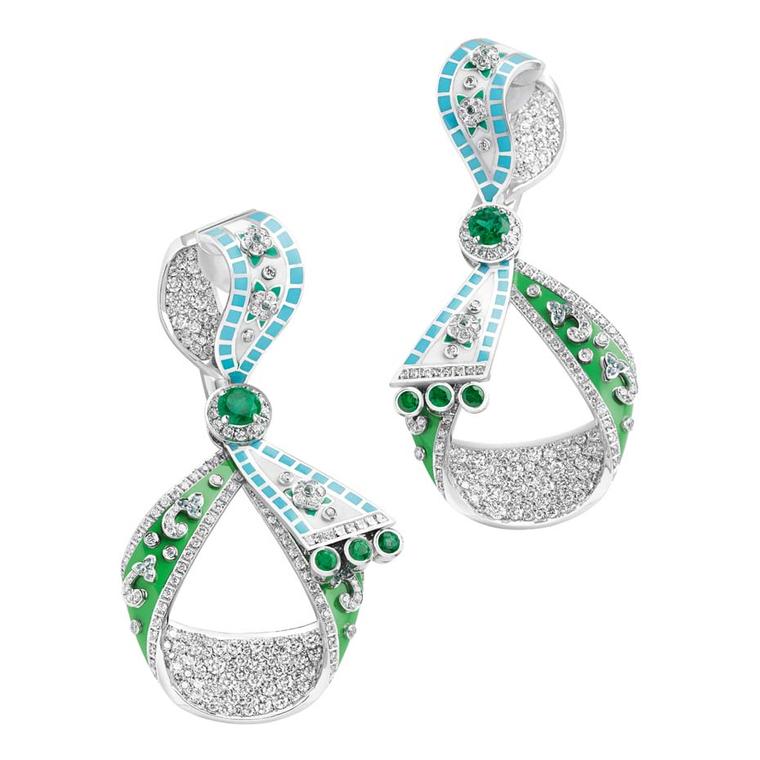 Fabergé earrings from the Summer in Provence high jewellery collection, set with emeralds and diamonds and finished with hand-painted enamel.